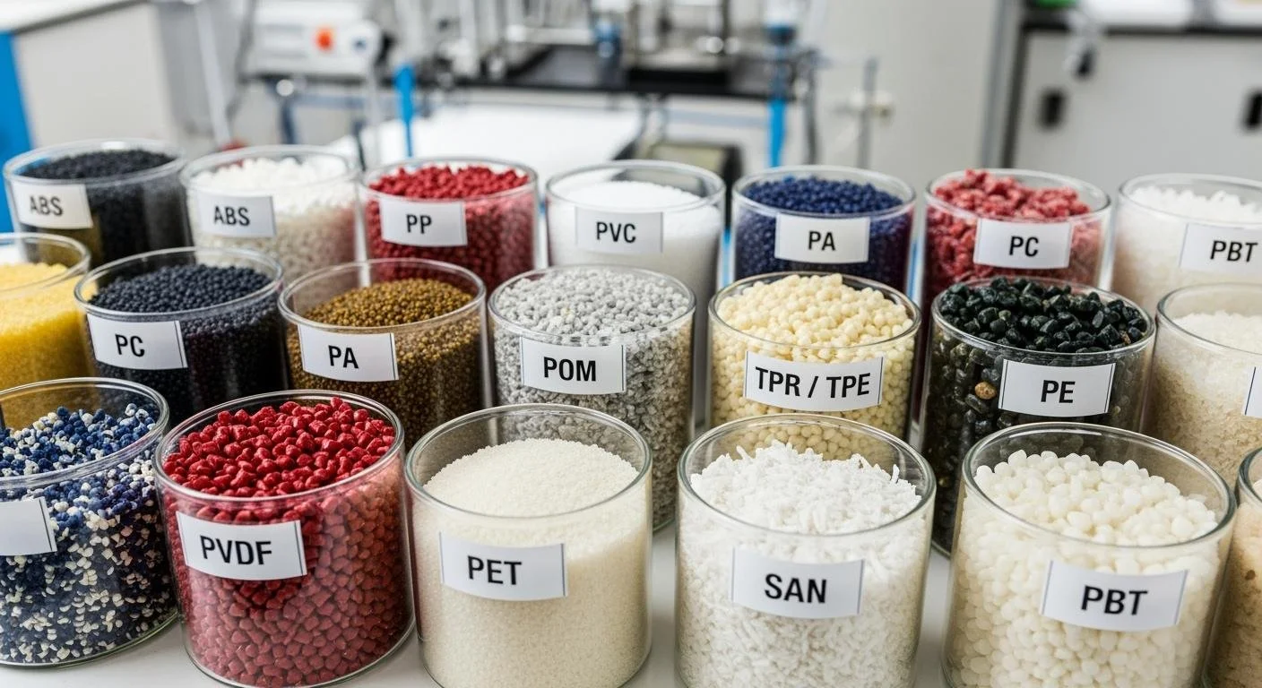 Various plastic pellets in clear containers, labeled with abbreviations, on a laboratory or manufacturing work surface.