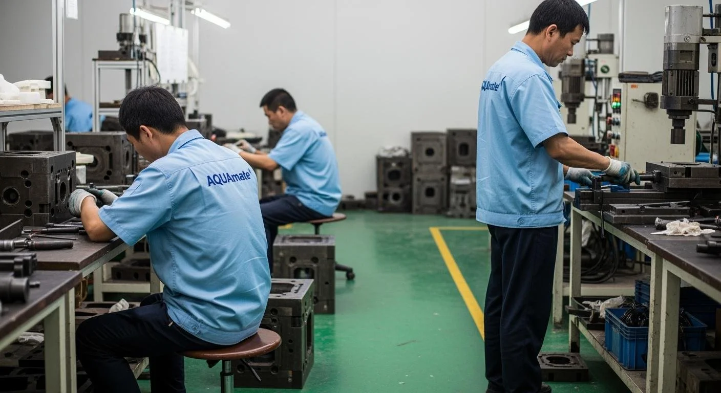 Three workers in blue uniforms working on machinery at a manufacturing or tooling factory. The workers are making molds for injection molding to manufacture showerhead or other sanitary products