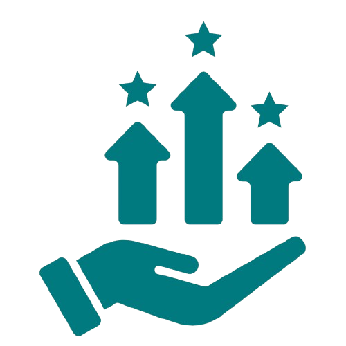 A stylized hand holding three upward arrows with stars above each arrow.