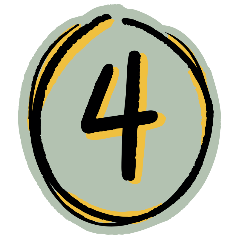 A drawing of a clock showing the number 4, with bold black and gold outlines on a light gray background.