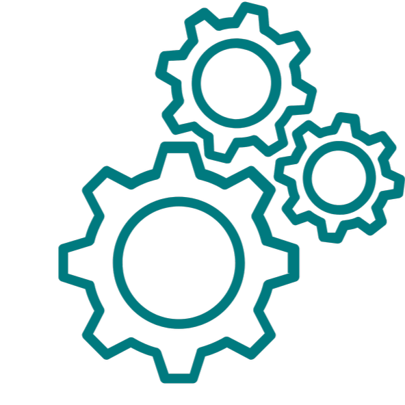 Three interconnected blue gears on a black background.