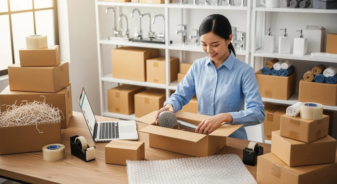 A woman packing a small gray speaker into a cardboard box at a packing station, with packing supplies and a laptop on the table, shelves with boxes and towels in the background.