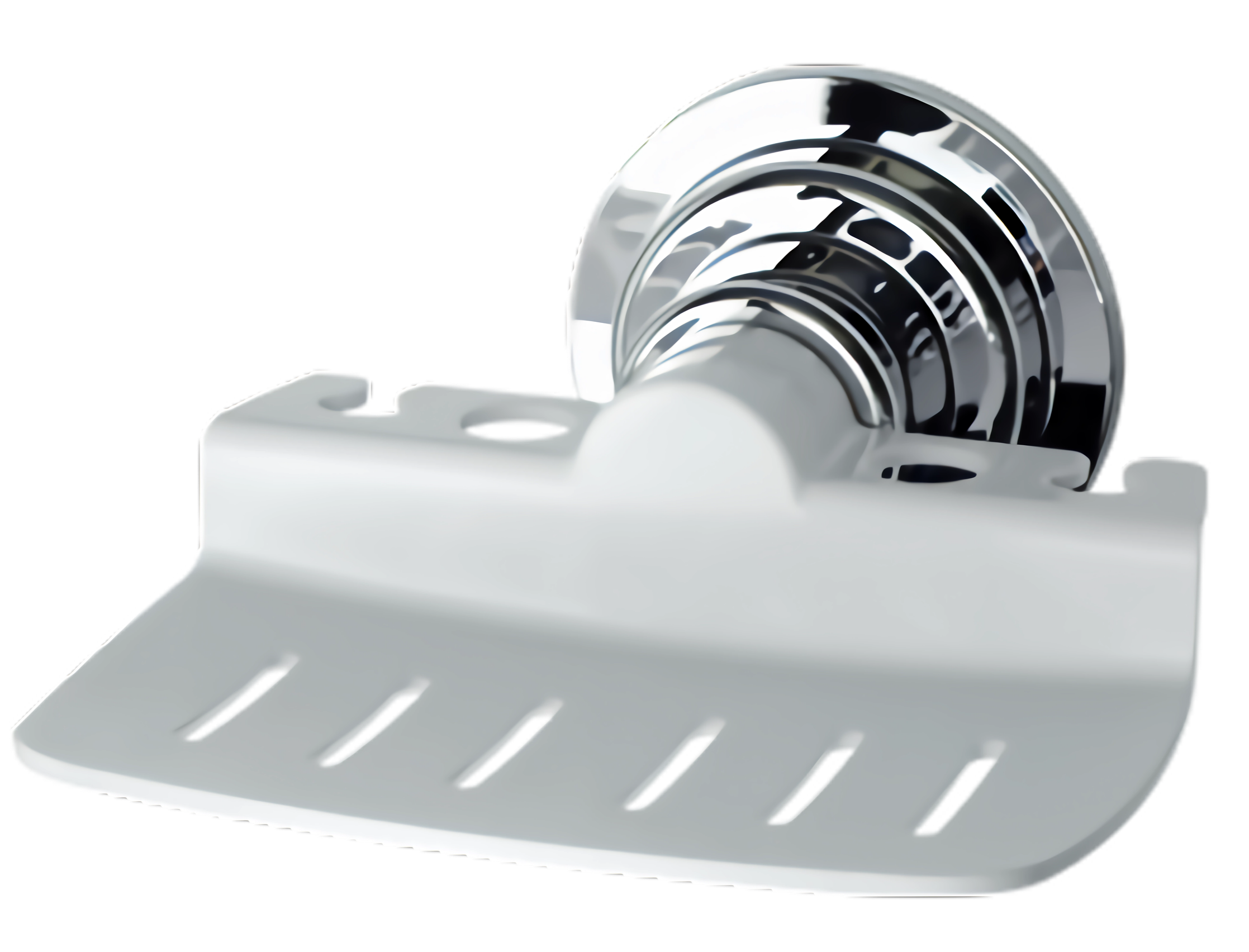 A white wall-mounted paper towel dispenser with a chrome metal roller for dispensing paper towels.