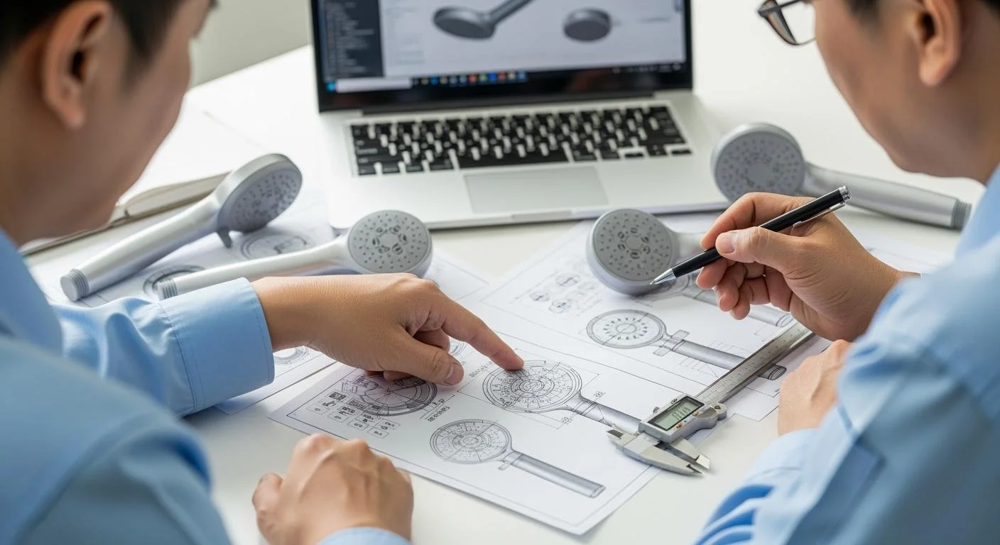 Two engineers discussing technical drawings and prototypes of handheld shower heads at a work table with a laptop, calipers, and design sketches.