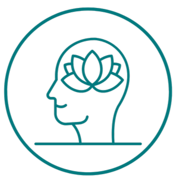 Line drawing of a woman's head with a lotus flower inside her brain area, symbolizing mindfulness or mental wellness.
