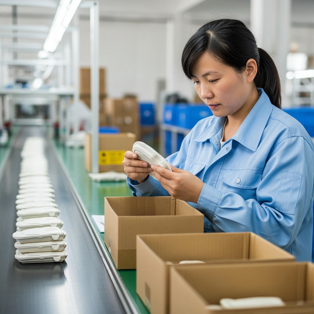 A female worker in a blue uniform inspecting a telephone in a warehouse or factory setting with boxes and phones on a production line.
