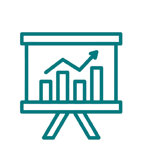 A presentation board displaying a bar graph with an upward trending line chart.