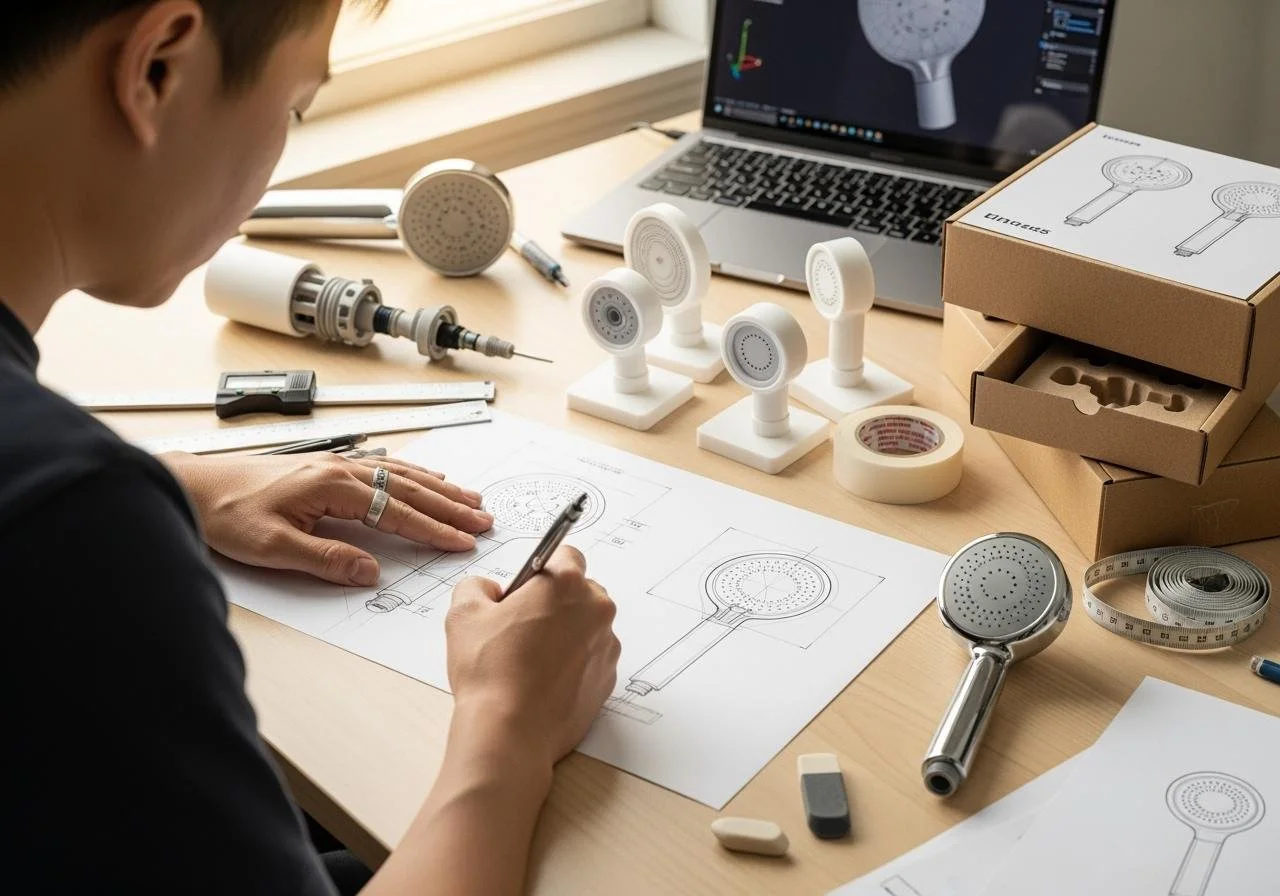 Person designing a handheld showerhead with technical drawings, molds, and prototype parts on the desk, with a laptop displaying 3D modeling software.