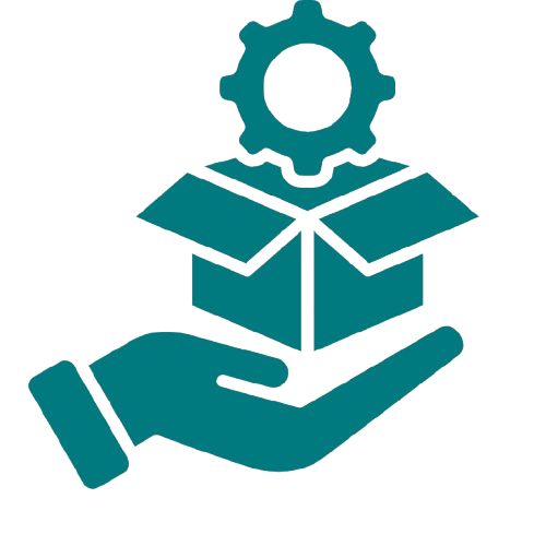 An illustration of a hand holding a box with a gear on top, symbolizing support or technical service.