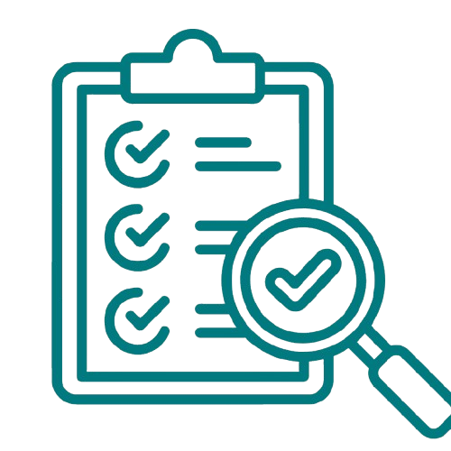 Checklist on a clipboard with a magnifying glass highlighting a checked item