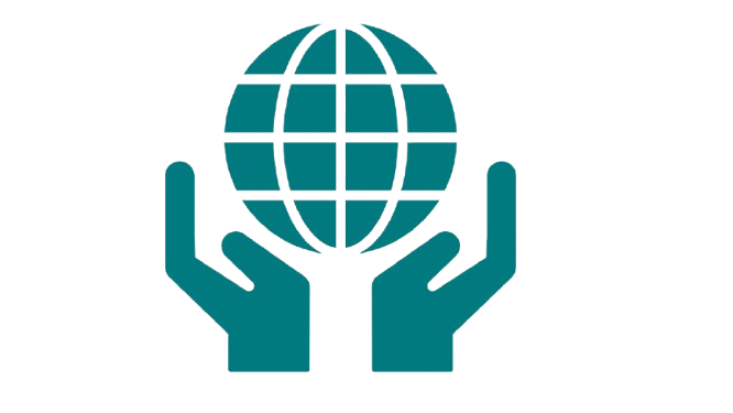 Two stylized hands holding a globe with grid lines, symbolizing global care or support.