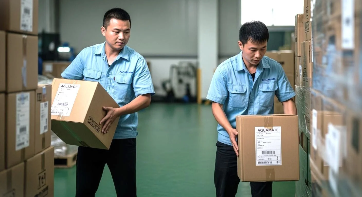 Two workers in blue uniforms are handling cardboard boxes in a warehouse. One is holding a box with a label that reads 'AQUAMATE,' and the other is placing a box on a shelf.