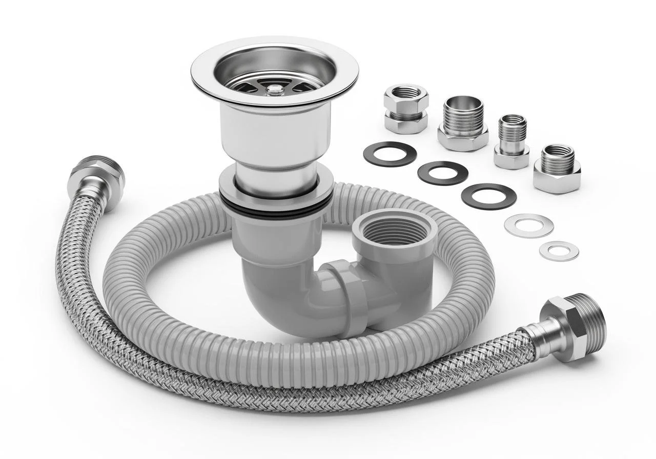 Disassembled stainless steel sink drain pipes with connectors, washers, and gaskets.