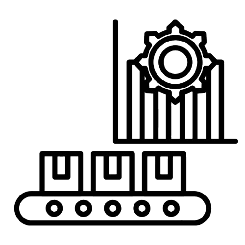 A factory production line with boxes moving on a conveyor belt and a graph with a gear symbol representing manufacturing or industrial growth.