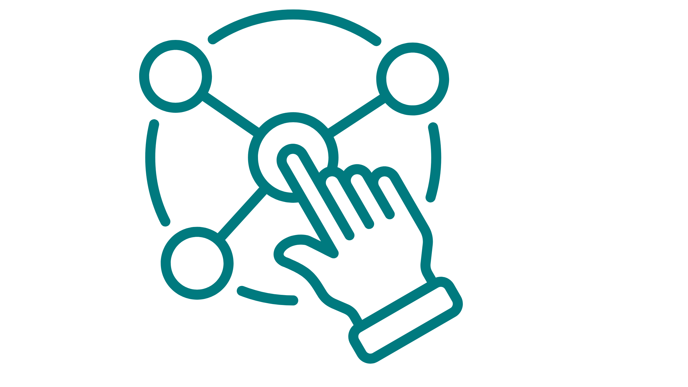 Outline illustration of a hand touching a circular button, with a network of connected nodes in a circle around the button, representing technology or network interaction.