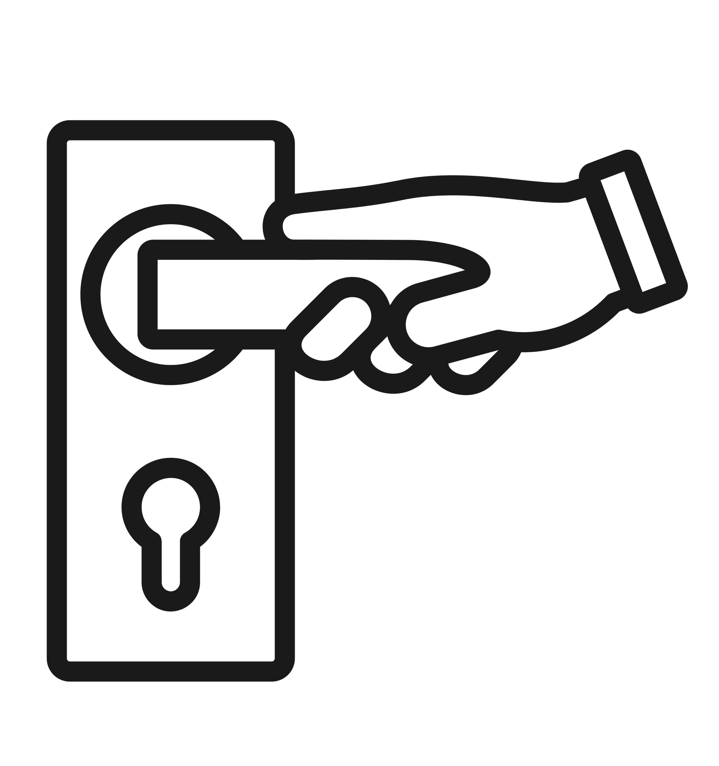 Outline of a hand holding a smartphone with a mobile credit card terminal positioned nearby.