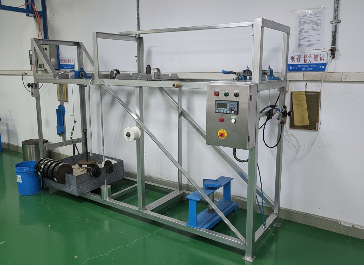A metal testing machine with control panel and weights, set up for material testing, located in an industrial or laboratory setting with a green floor.