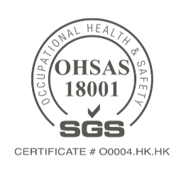 OHSAS 18001 certification badge for Occupational Health & Safety, with certificate number 00004.HK.HK, issued by the Occupational Health & Safety Administration.