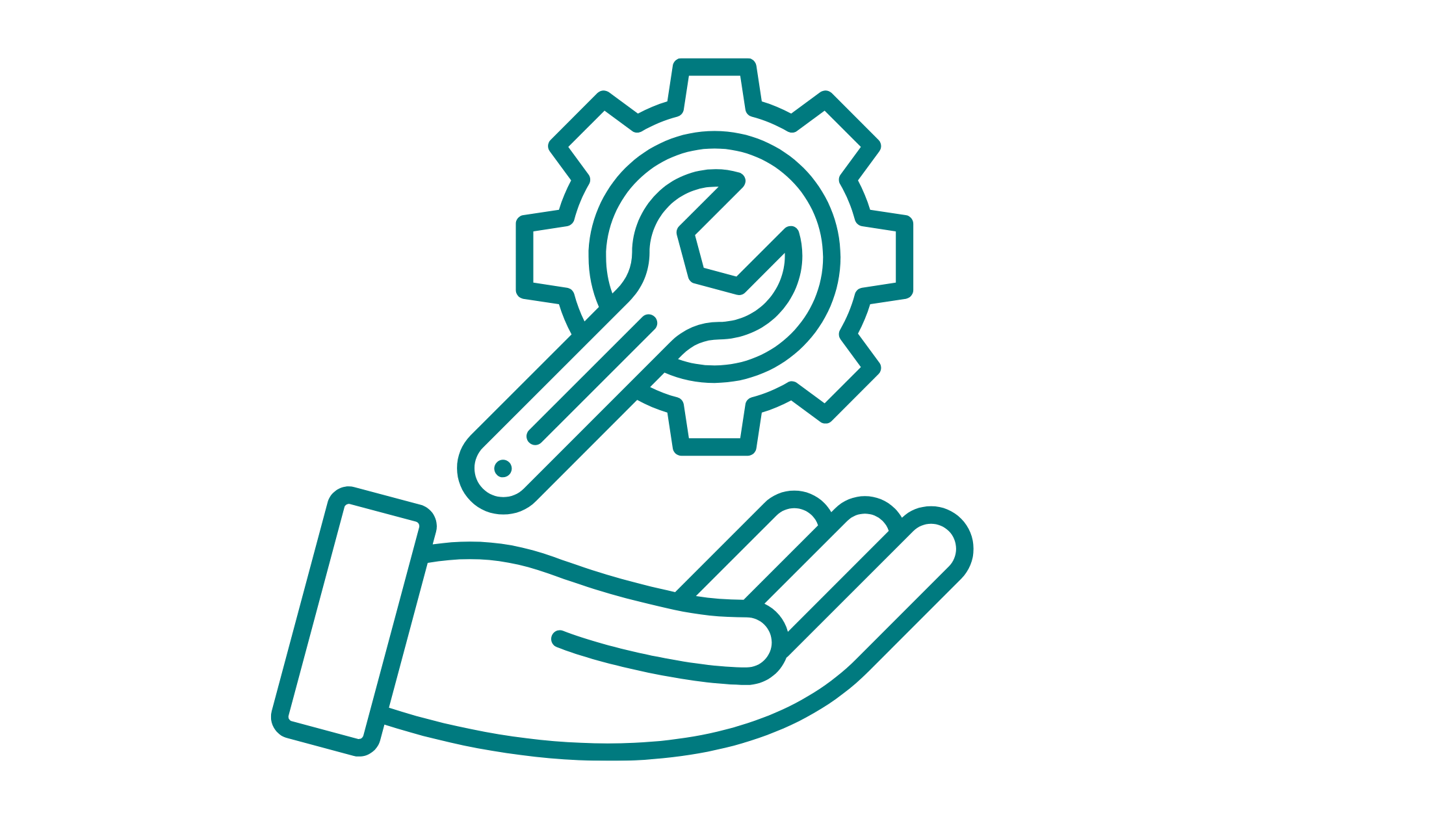 An outline of a hand holding a gear with a wrench and a wrench inside the gear, symbolizing maintenance or technical support.