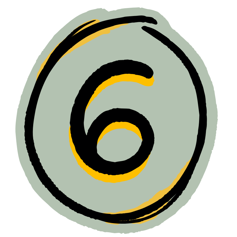 Stylized number six in black with gray and yellow accents on a black background.