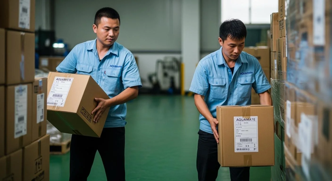 Two workers in blue uniforms loading or unloading boxes in a warehouse with shelves and stacked boxes.