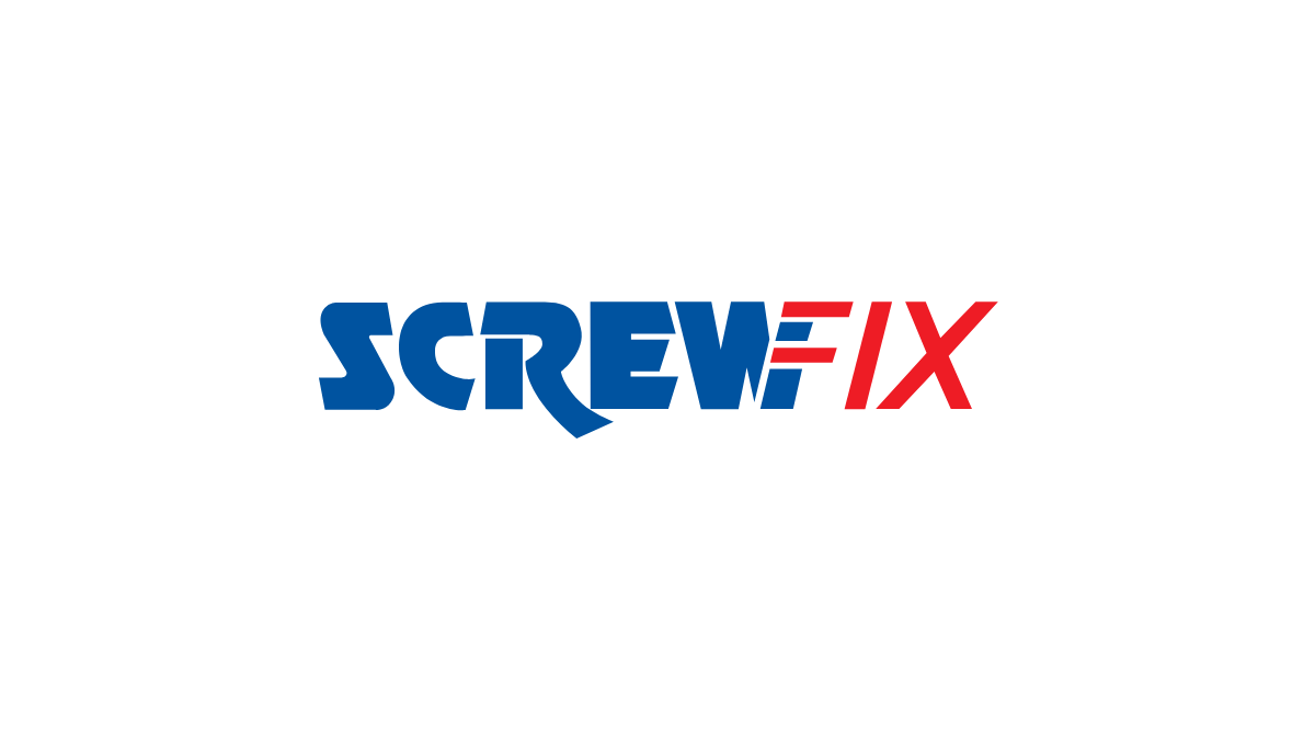 ScrewFix logo with the text in blue and red, featuring a black background.