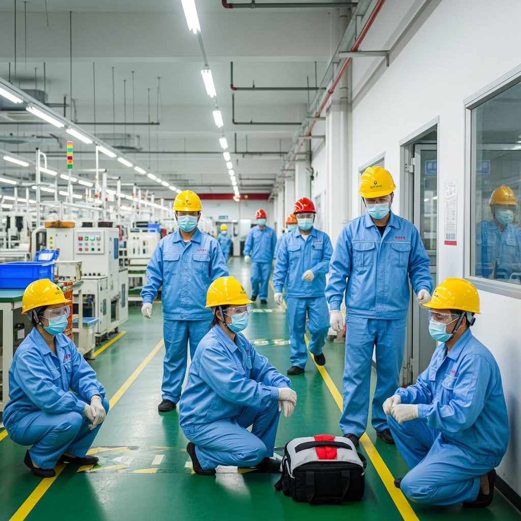 Group of factory workers in blue uniforms, yellow helmets, and masks inside an industrial facility, with some kneeling and others walking, in front of manufacturing equipment.
