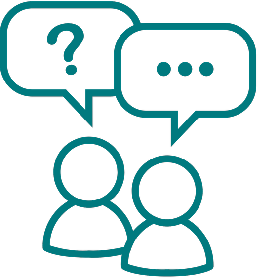 Two people having a conversation with speech bubbles, one with a question mark and the other with ellipsis.