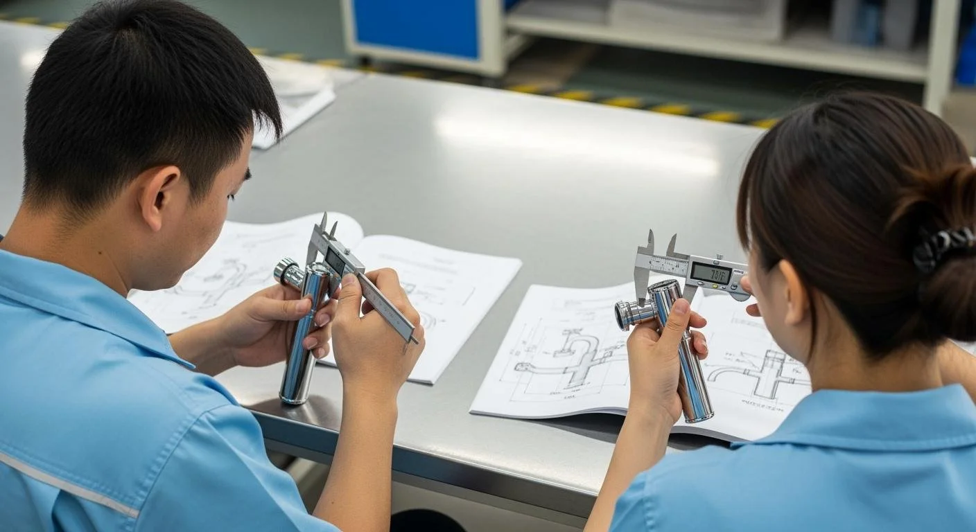Two technicians in light blue uniforms using digital calipers to measure engine parts and review engineering drawings in a workshop.