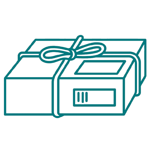 Line drawing of a gift box with a ribbon and bow, featuring a barcode or label on the side.