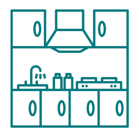 Line drawing of a kitchen with cabinets, a faucet, and a stove.