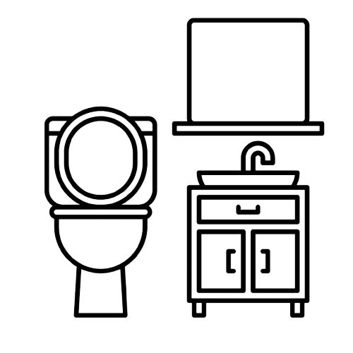 Line drawing of a bathroom with a toilet, a sink with a cabinet, and a mirror.