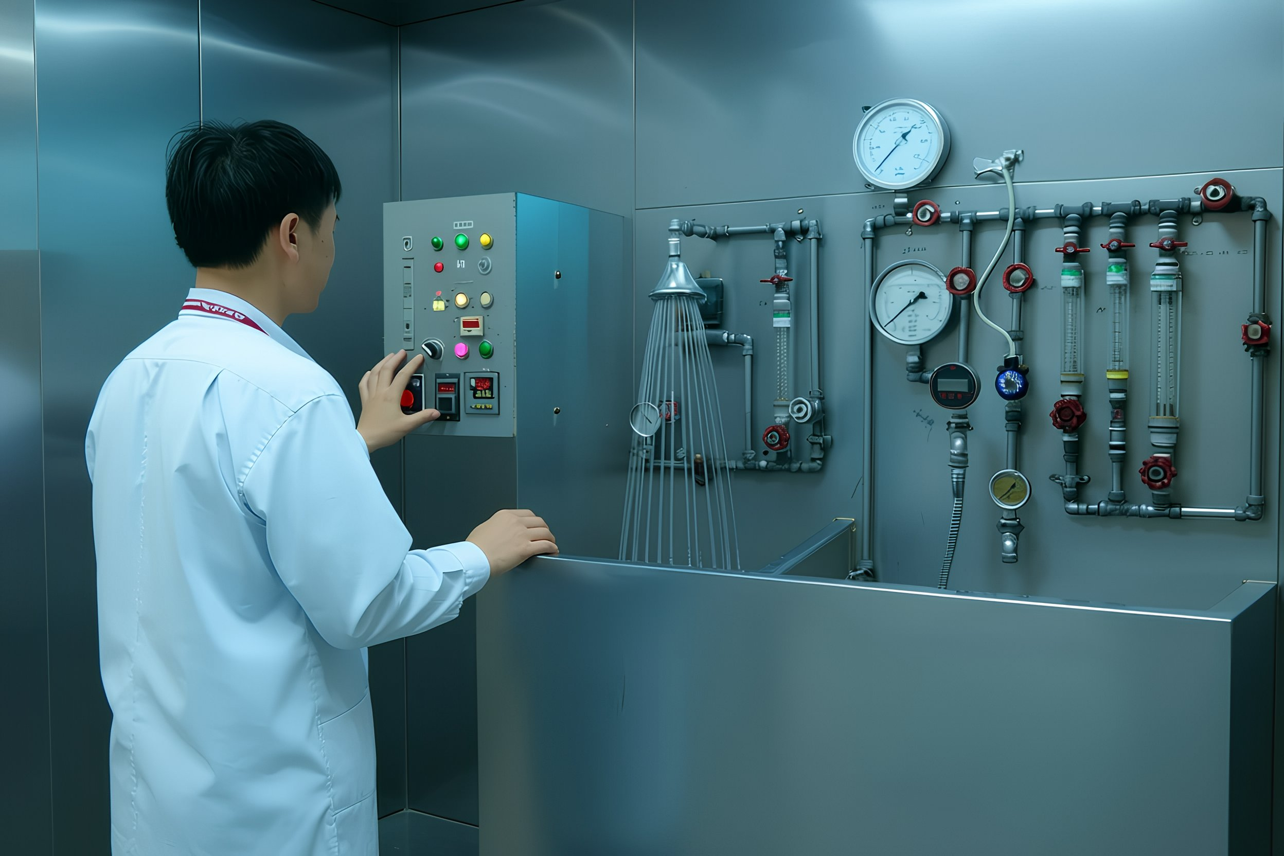 A scientist in a white lab coat operating a control panel in a scientific laboratory with glassware and gauges.