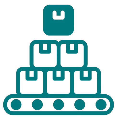 Stacked boxes or containers on a conveyor belt with an app icon above.