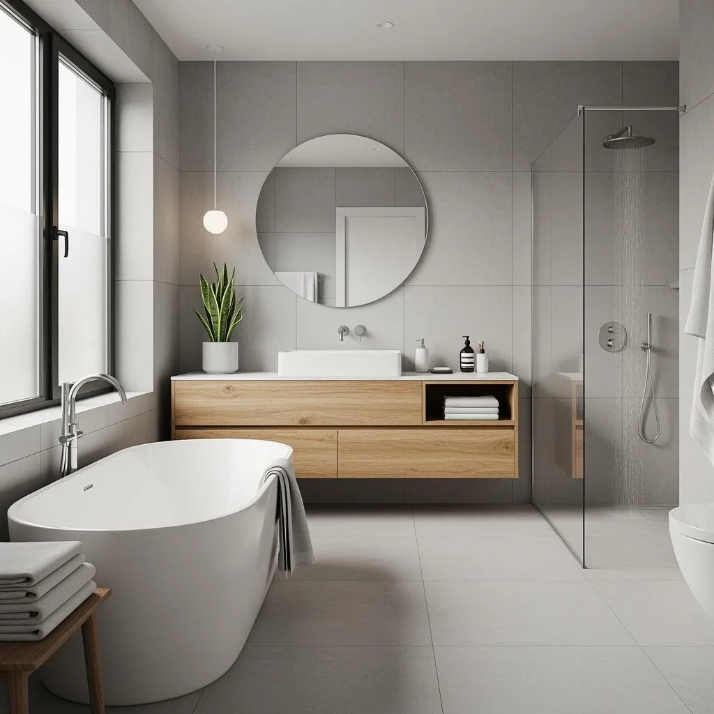 Modern bathroom with a freestanding bathtub, wooden vanity with a round mirror, walk-in shower with a glass door, large window, potted plant, and minimalist decor.