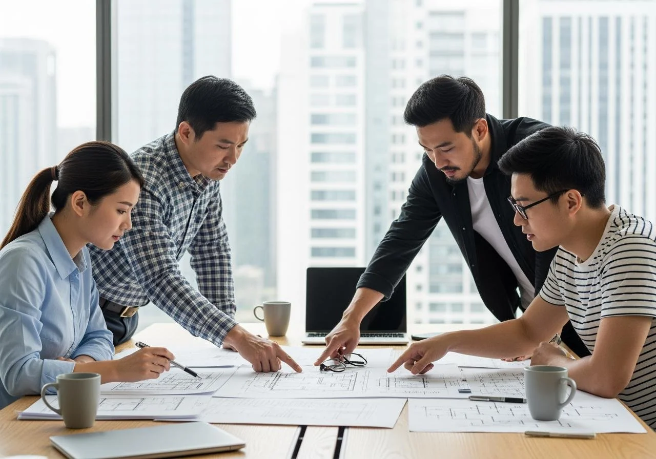 Four professionals studying architectural blueprints around a table in a conference room with large windows and city skyline view.
