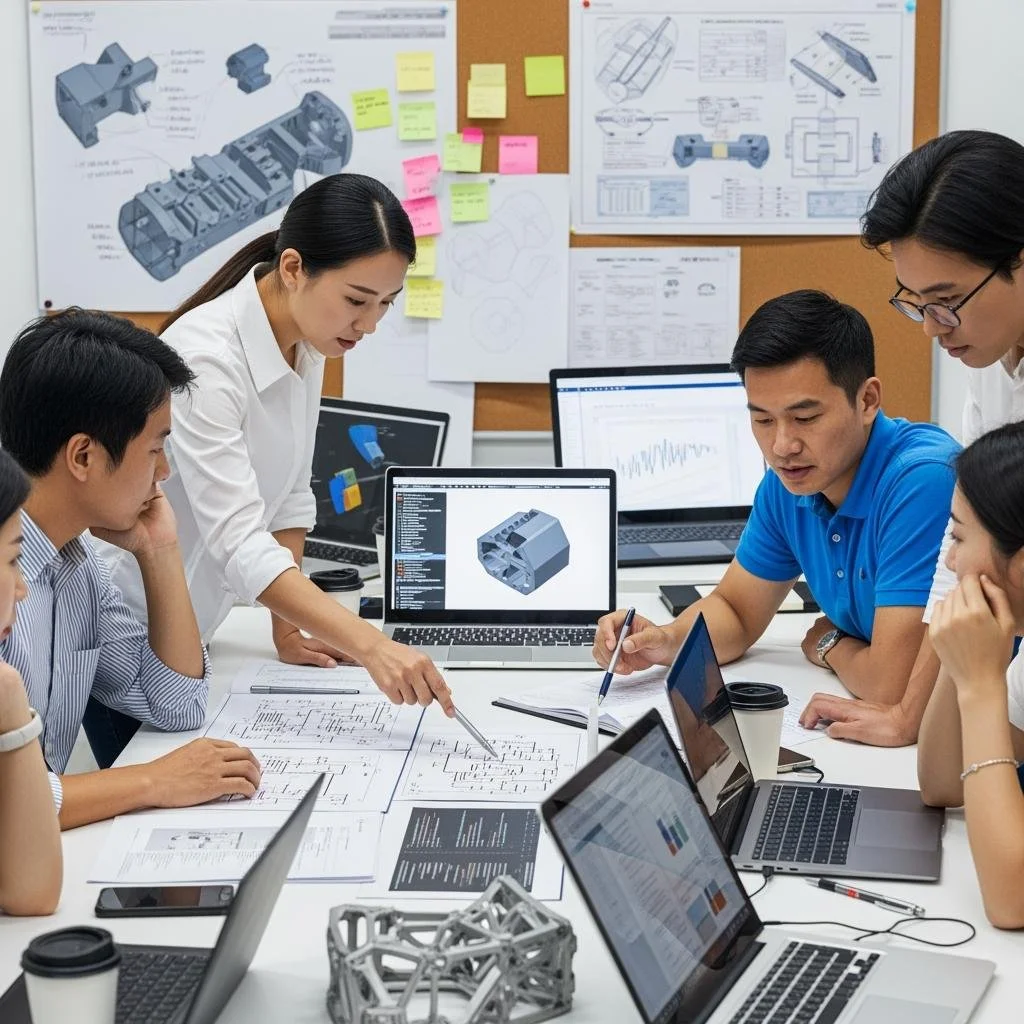 Group of engineers working together on a mechanical design project in a meeting room, with technical drawings, CAD models, and laptops on the table.