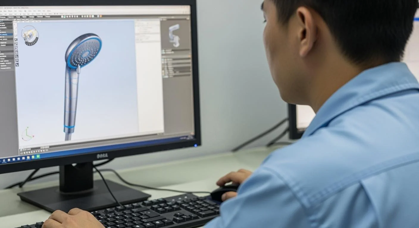 A person working on industrial design of a showerhead on a computer screen.
