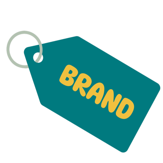 A teal-colored tag with the word "BRAND" in large yellow letters, attached to a gray keyring.