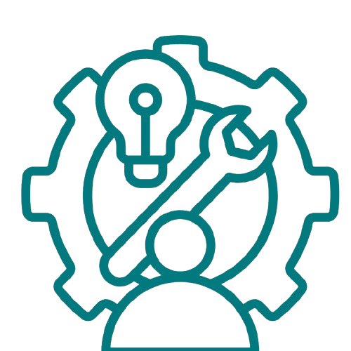 Icon of a gear with a wrench and a lightbulb inside it, representing machinery or technical support.