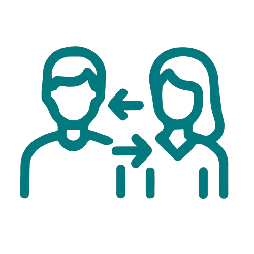 Line drawing of a man and woman standing apart with arrows indicating a need for social distancing.