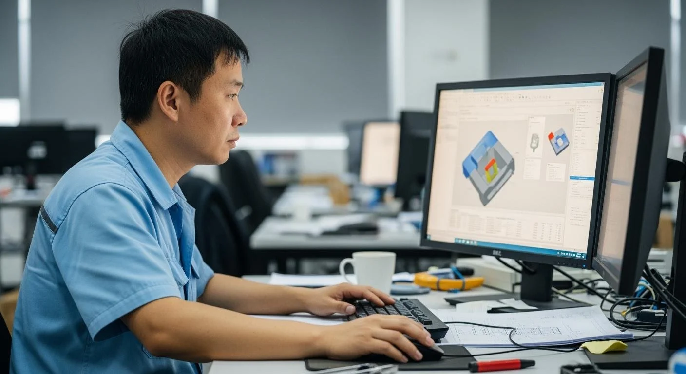 A man working at a desk with two computer monitors in an office, designing a 3D model.