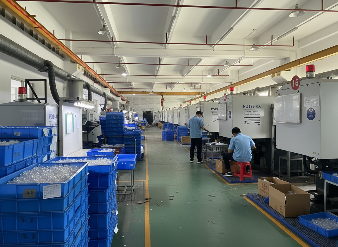 Inside a factory with workers operating machinery, surrounded by blue plastic bins filled with small parts or materials.
