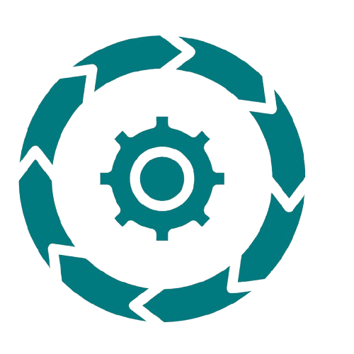 A stylized gear encircled by a broken ring forming a gear-like pattern.