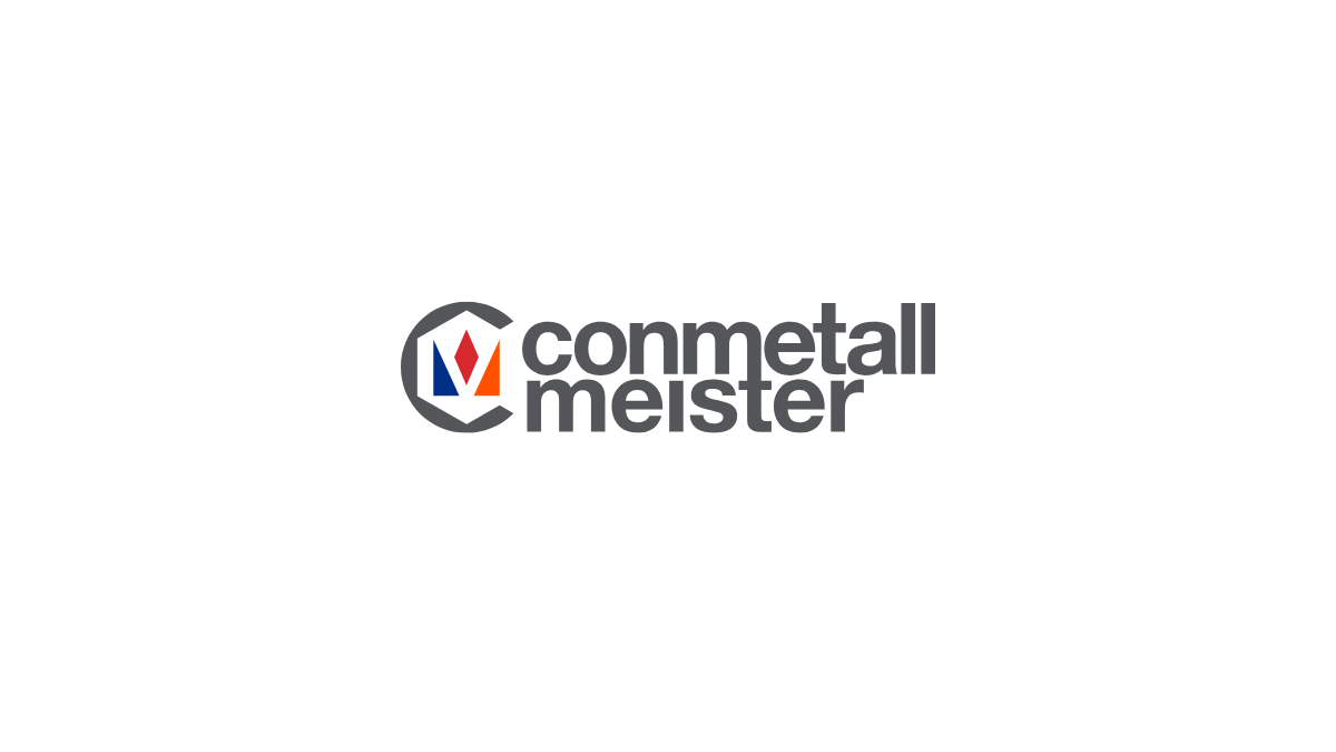 Logo of Commetall Meister with black text and a circular icon featuring a red checkmark, a blue rectangle, and a red triangle.