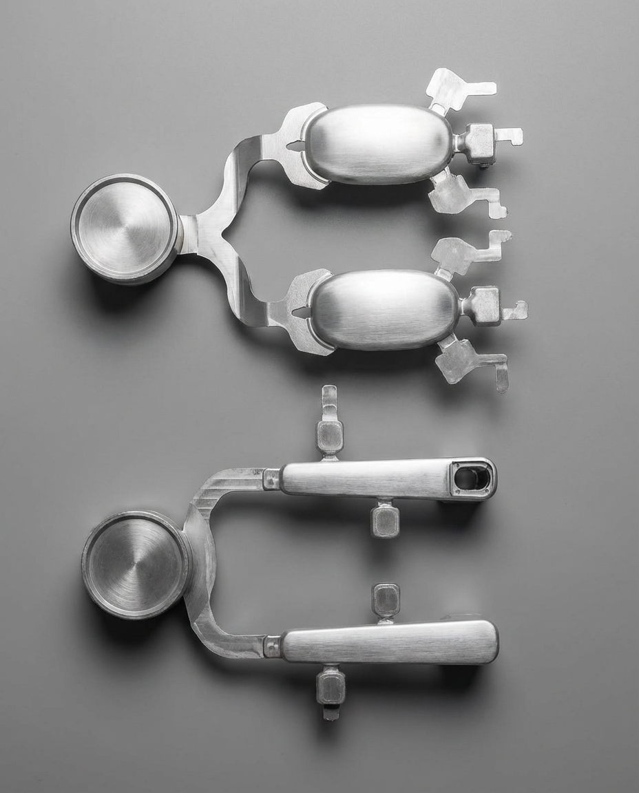 Two metal surgical implants and screws laid out on a gray background, likely for medical procedures or orthopedic surgery.