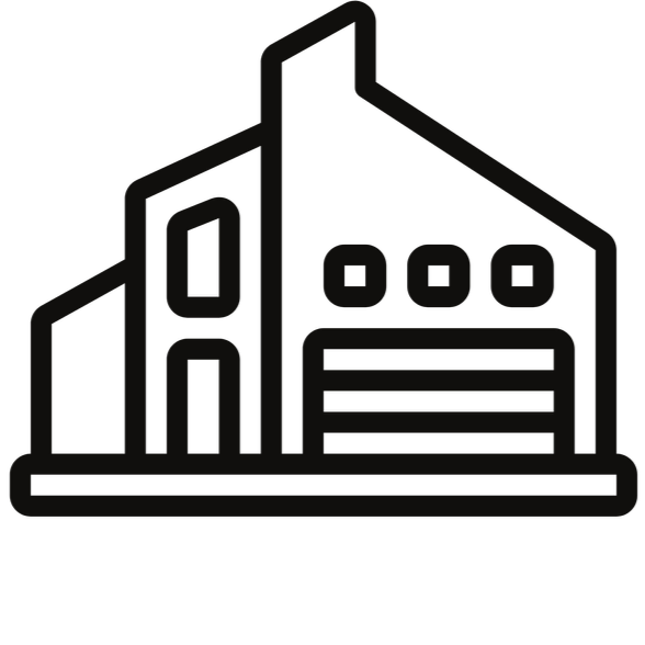 Outline drawing of a modern industrial building with a garage door and multiple windows.