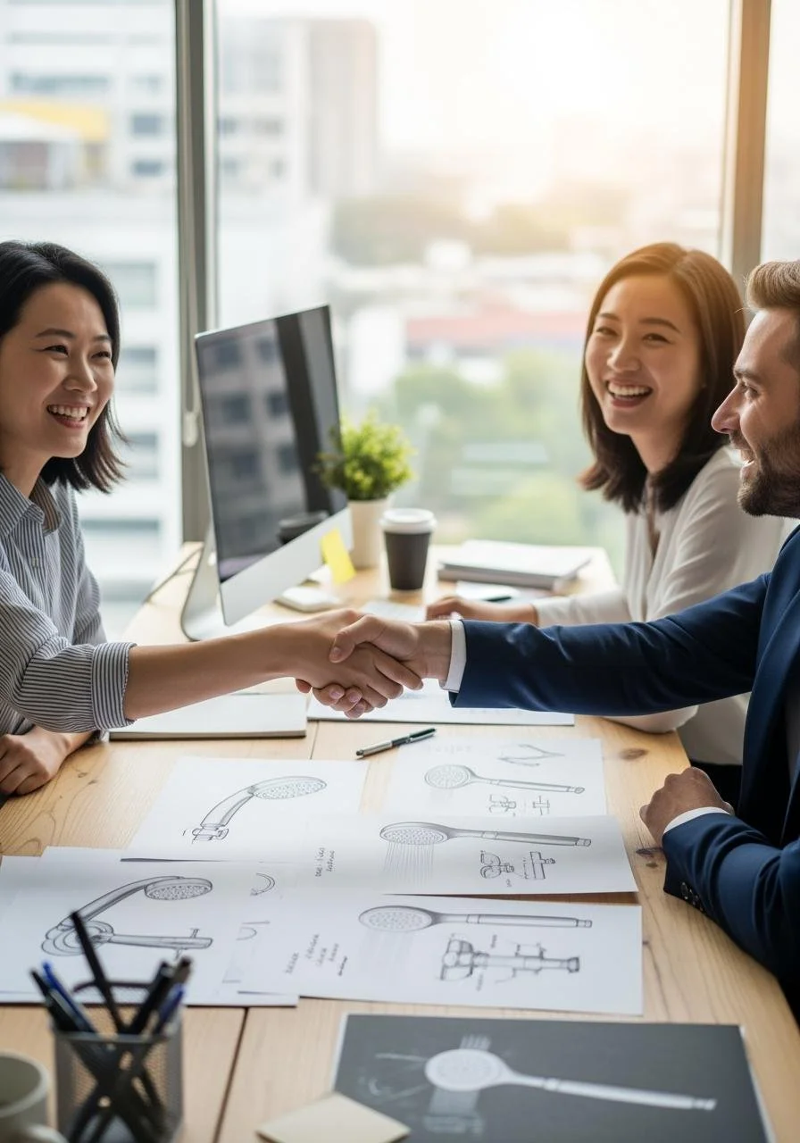 Business professionals in a meeting shaking hands, with technical drawings of showerheads on the table.