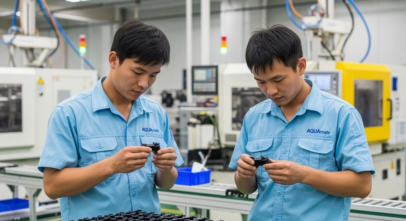 Two technicians in blue uniforms inspecting small components in a factory setting.