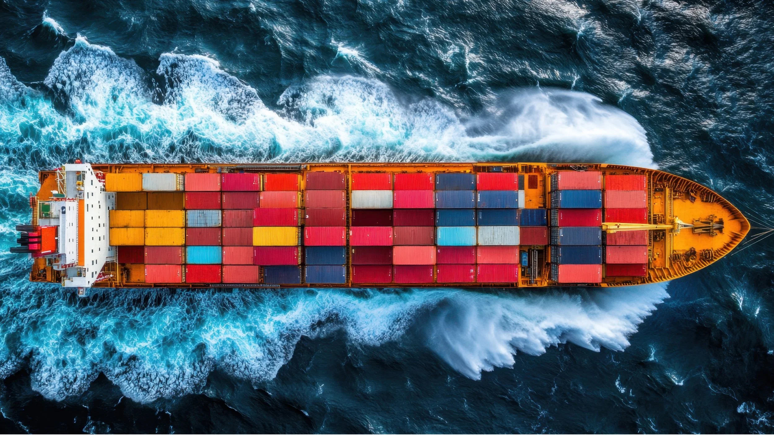 Overhead view of a cargo ship with multicolored containers sailing through the ocean, creating white waves behind it.